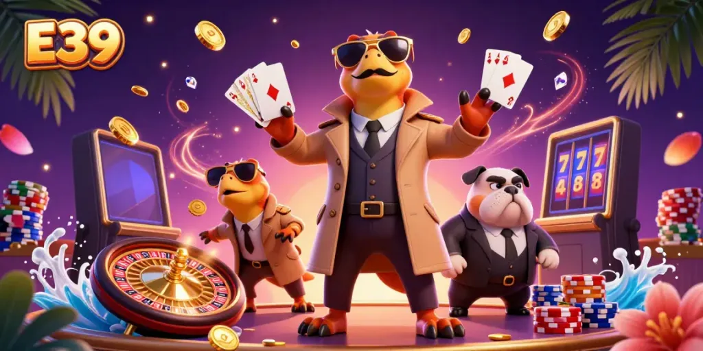 Experience E39's vibrant casino scene with raptors in disguise and dazzling game elements.