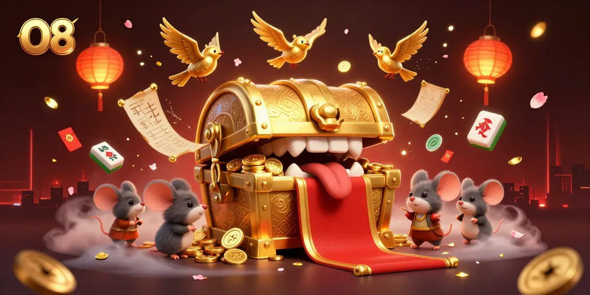 O8 casino adventures with treasure chest mimic enticing mice amidst a vibrant gaming spectacle.