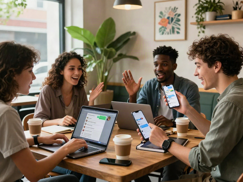 Users enjoying spicy chat AI in a vibrant cafe setting, showcasing lively interactions with technology.