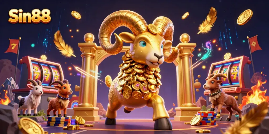 Engage in thrilling gameplay at Sin88 with a vibrant 3D casino illustration featuring golden elements.