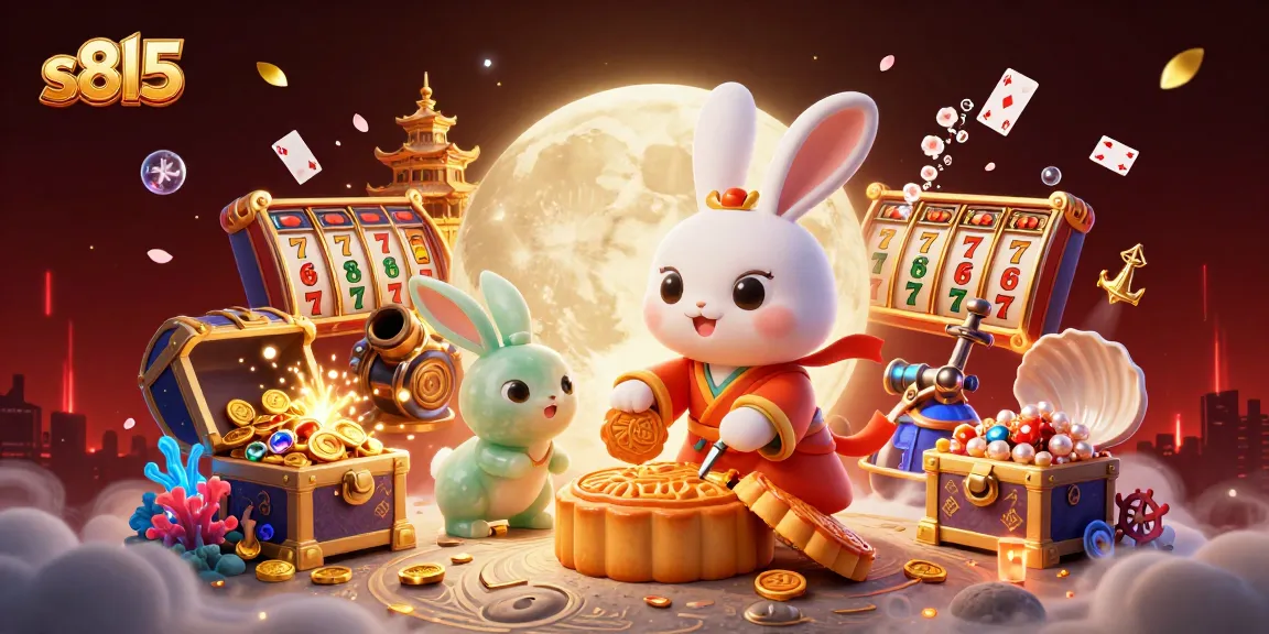 S8L5 illustration showcasing a moon rabbit celebrating with slot reels and poker chips.
