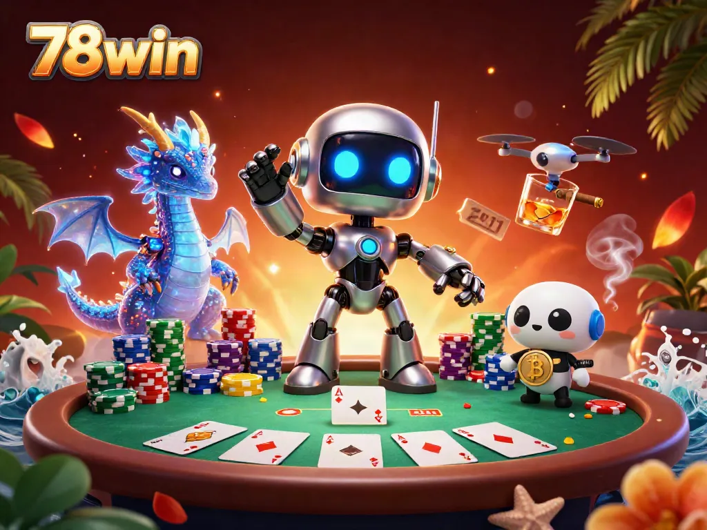 Experience the excitement of 78win with an energetic casino scene featuring characters and poker elements.