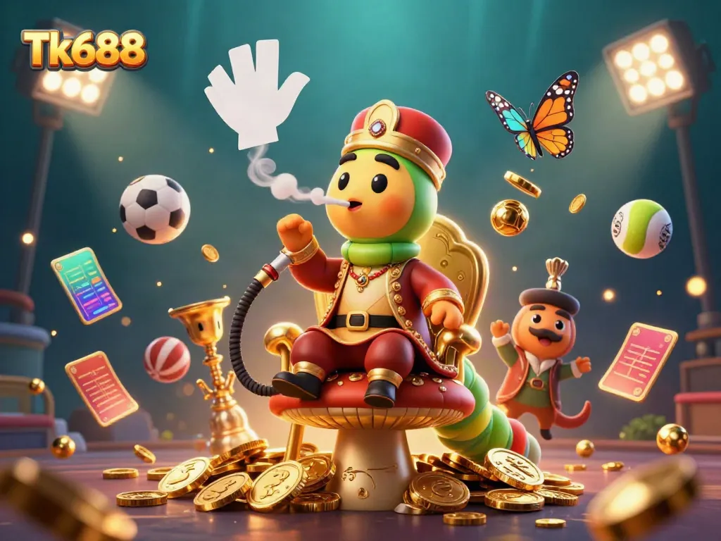 Experience thrilling games at Tk688 with a magical caterpillar and vibrant poker symbols.