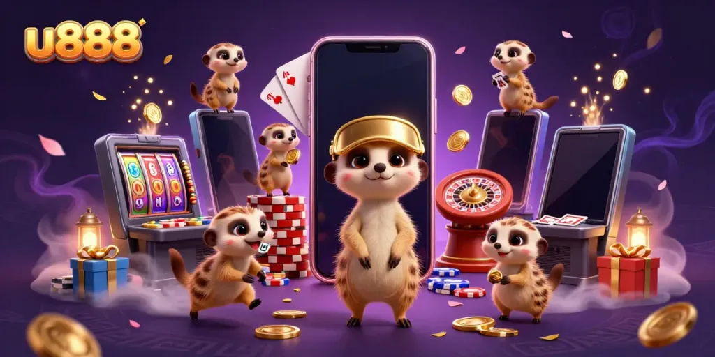 Experience an engaging u888 casino scene with meerkat dealers and rich gaming elements.
