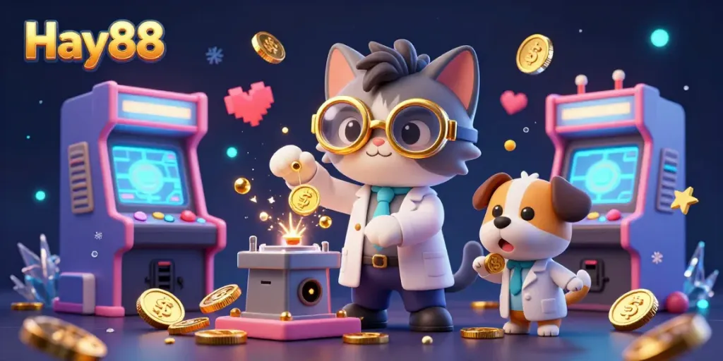 Experience the excitement of Hay88 with golden coins and vibrant gaming elements in this animated casino scene.