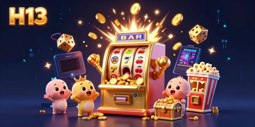 Experience H 13 excitement as the slot machine hits a jackpot, showering coins in a colorful casino scene.