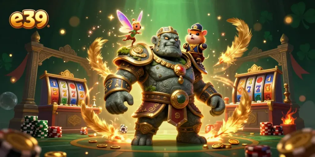 Engage with e39's thrilling casino adventure featuring a magical stone guardian and knight.