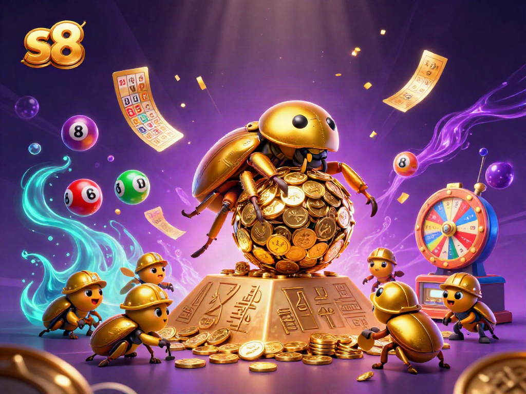S8 lottery game scene with colorful elements and golden insects engaged in action