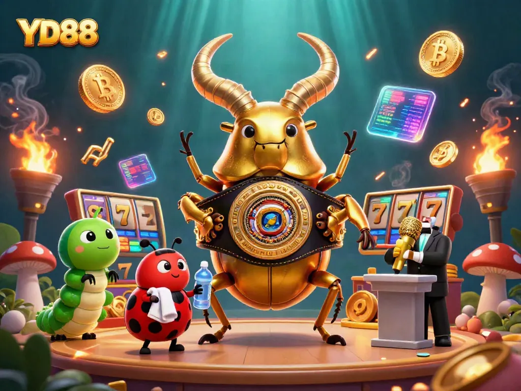 Engage with the vibrant YD88 online casino scene featuring a golden stag beetle champion, ladybug corner-man, and caterpillar announcer.