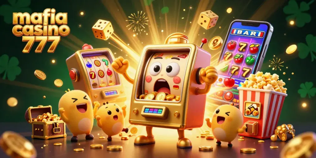 Experience the thrill of mafia casino 777 as the golden slot machine hits a jackpot, surrounded by celebrating baby machines.