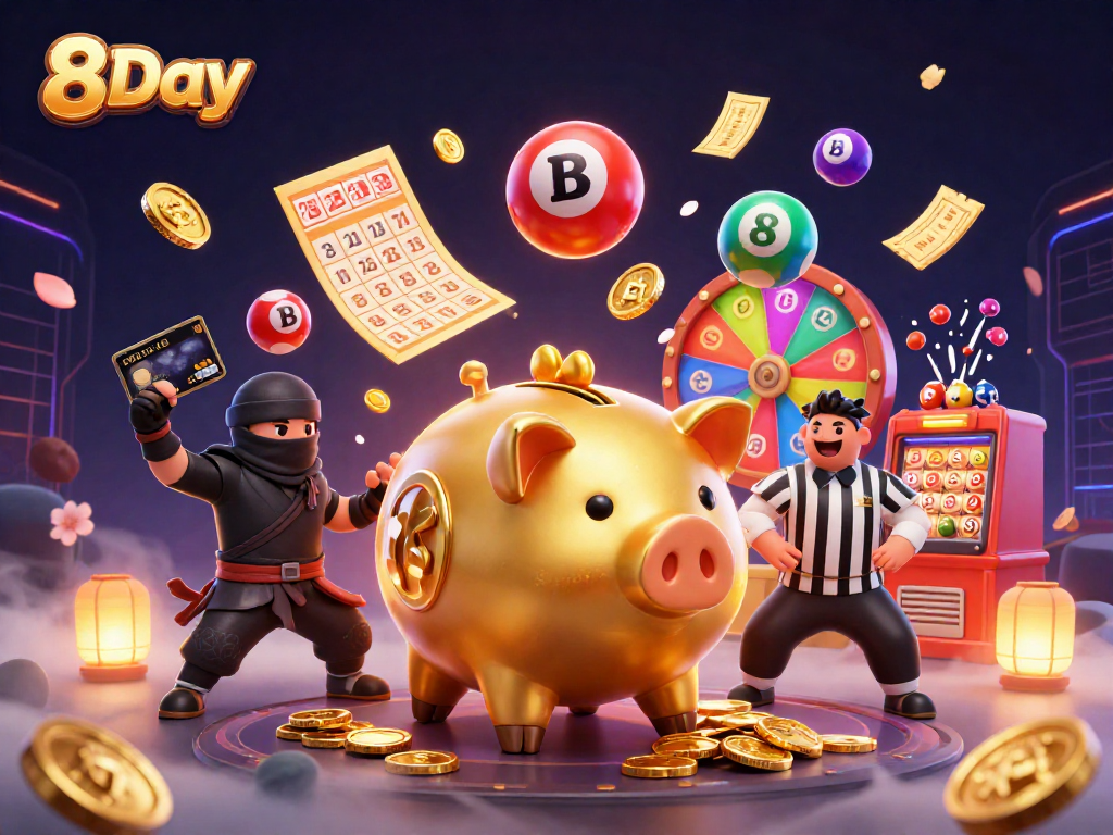 8Day vibrant 3D illustration of a sumo wrestler and ninja in a lively casino scene.