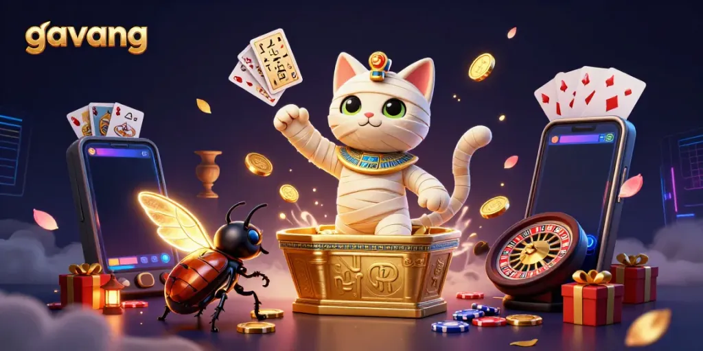 Experience the thrilling energy of gavang with an Egyptian mummy cat emerging in a vibrant casino scene full of playing cards and golden coins.