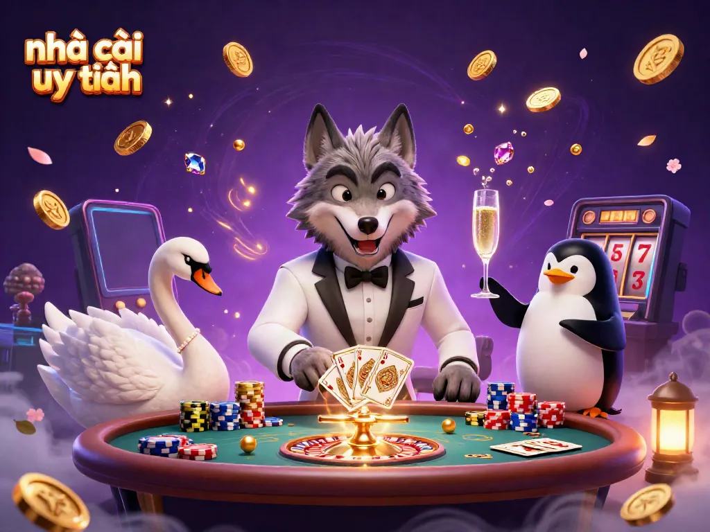 Experience the excitement at a top nhà cái uy tín with vibrant game elements in a lively casino scene.