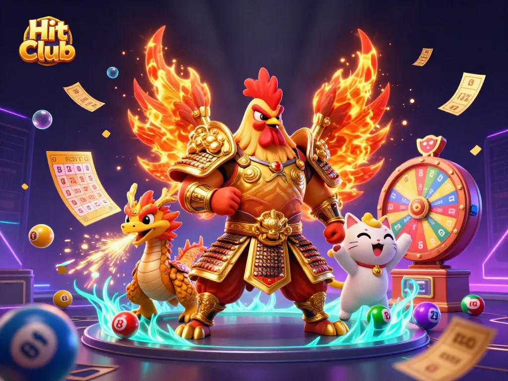 Hit Club offers a vibrant gambling scene featuring a samurai rooster and dragon in a dynamic lottery atmosphere.