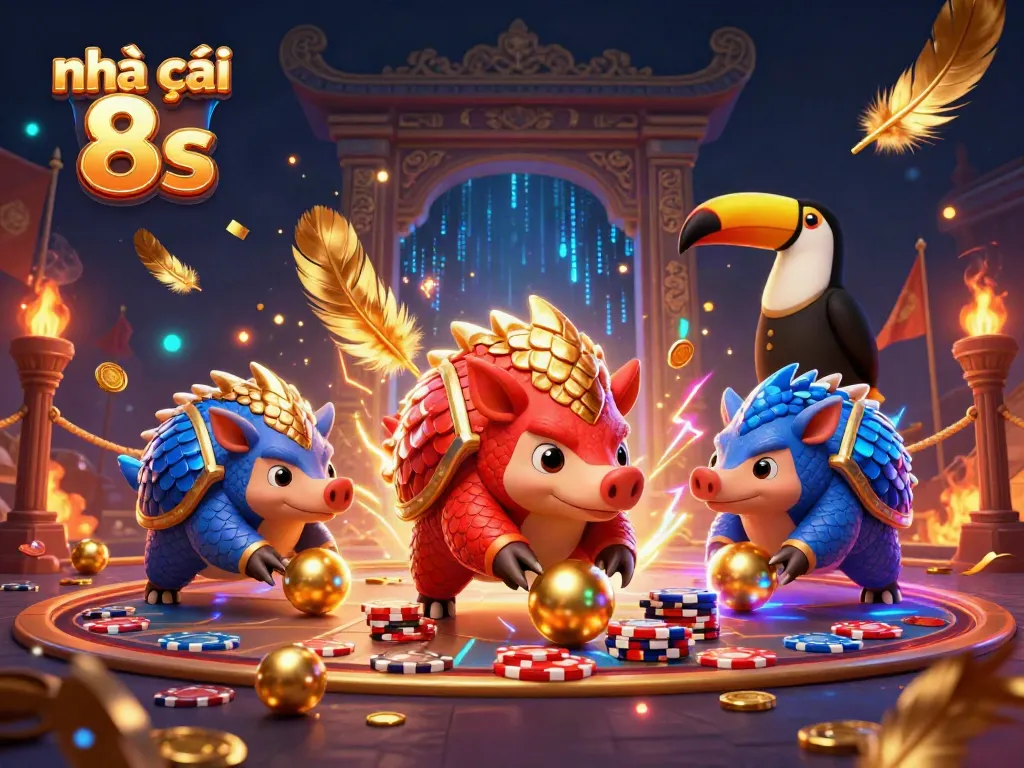 Engaging illustration depicting the vibrant action of Nhà cái 8s featuring cartoon pangolins and a toucan referee.