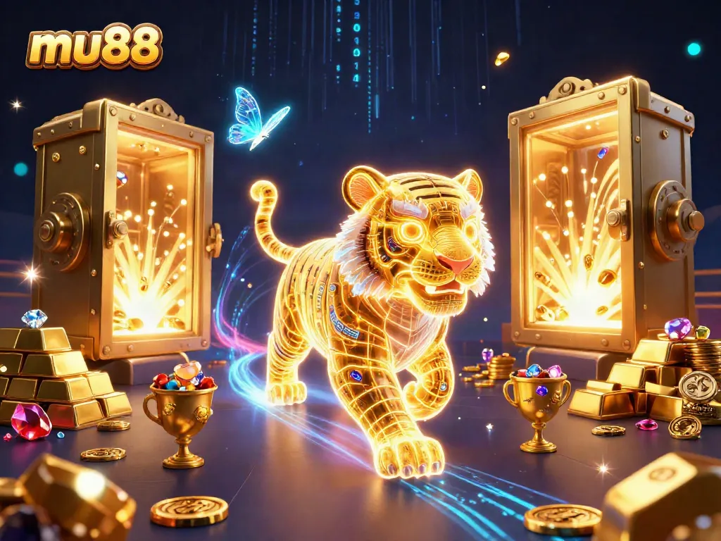 Engage in thrilling casino adventures at mu88 with a neon-wireframe golden tiger and treasure-filled landscape.