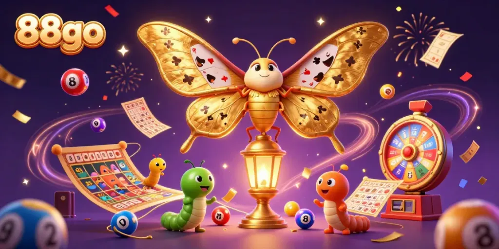 Engage with 88go's vibrant casino scene featuring playful lottery elements and a majestic moth.