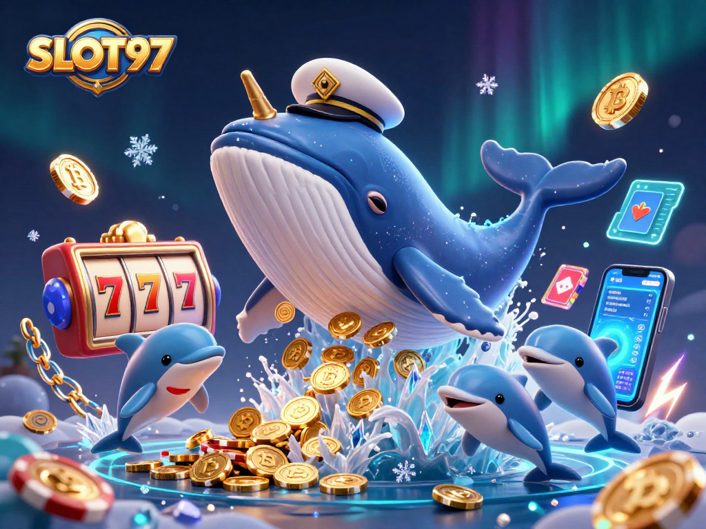 SLOT97 showcases an animated whale breaching with coins, surrounded by bright slot reels and crypto elements.