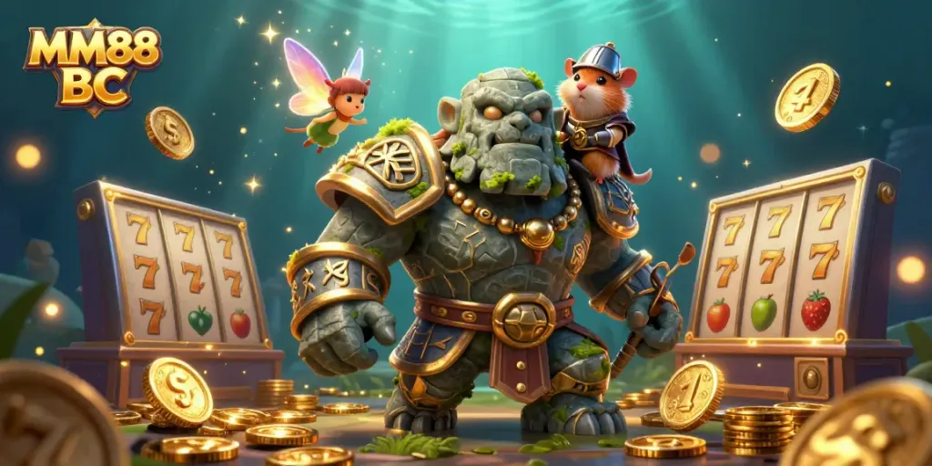 Engage with MM88 BC's immersive casino experience featuring dynamic characters and slot game elements.