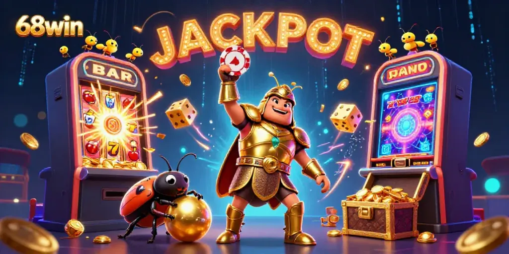Experience thrilling wins at 68win with our dynamic casino scene featuring jackpot symbols and vibrant characters.