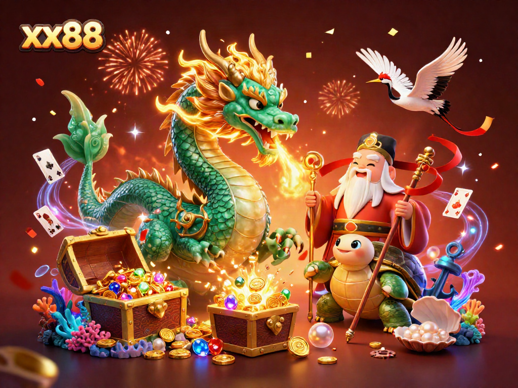 Engage in thrilling xx88 casino adventures with a mesmerizing dragon illuminating the scene.
