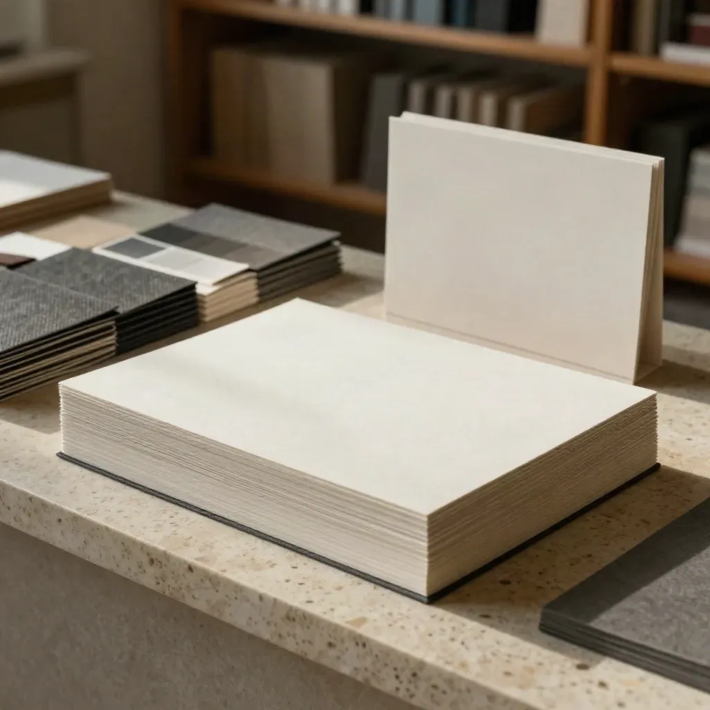 Sistema di identità visiva con carte, sleeve in carta e mockup packaging su plinto in travertino.