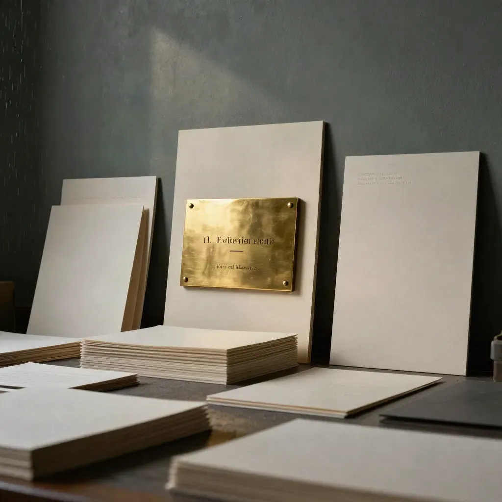 Tableau cinematografico di identità visive, mockup e targa in ottone su muro scuro