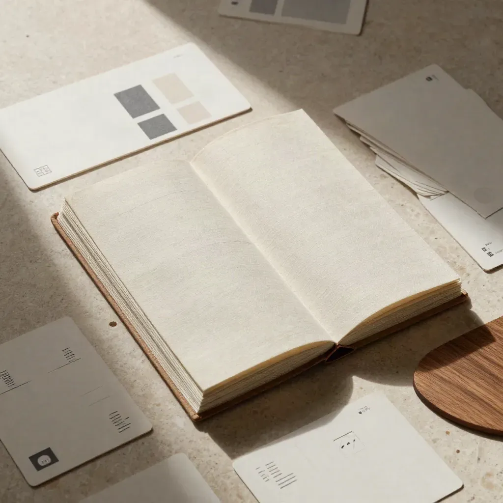Manuale brand in lino aperto con divisori, card e tessere su pietra travertino.