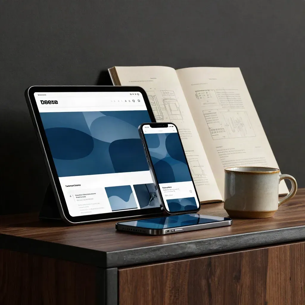 Tablet e smartphone con wireframe, tazza in ceramica e luce blu petrolio in uno studio buio.