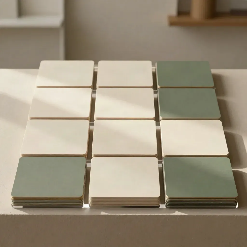 Griglia di card social con distanziatori acrilici e riflessi oro su plinto khaki.