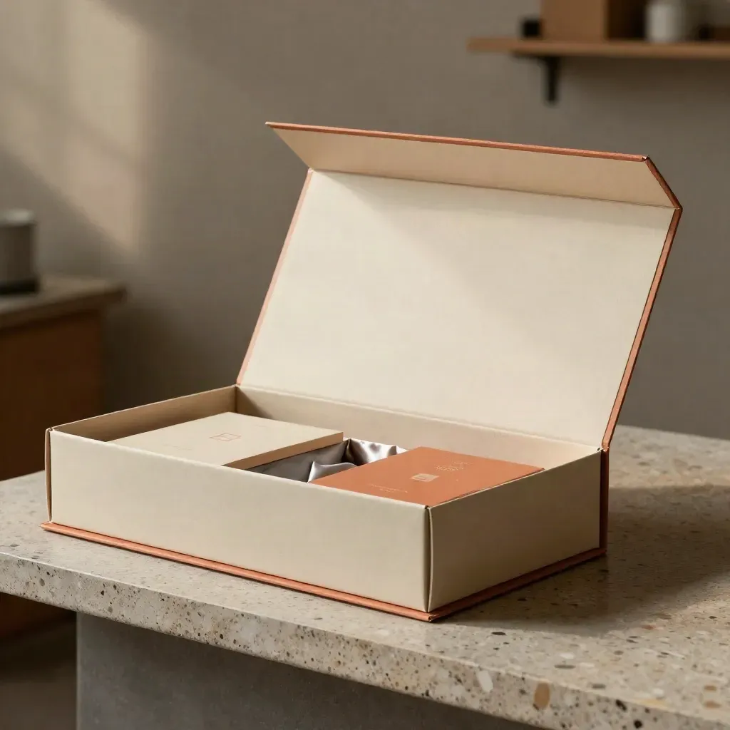 Scatola archivio con deck aperto e mockup packaging su mensola in studio.