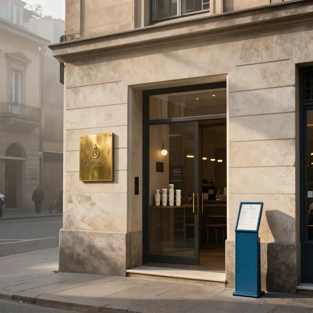 Ingresso del Brera Caffè con emblema in ottone, bicchieri e portamenu coordinati, luce calda.