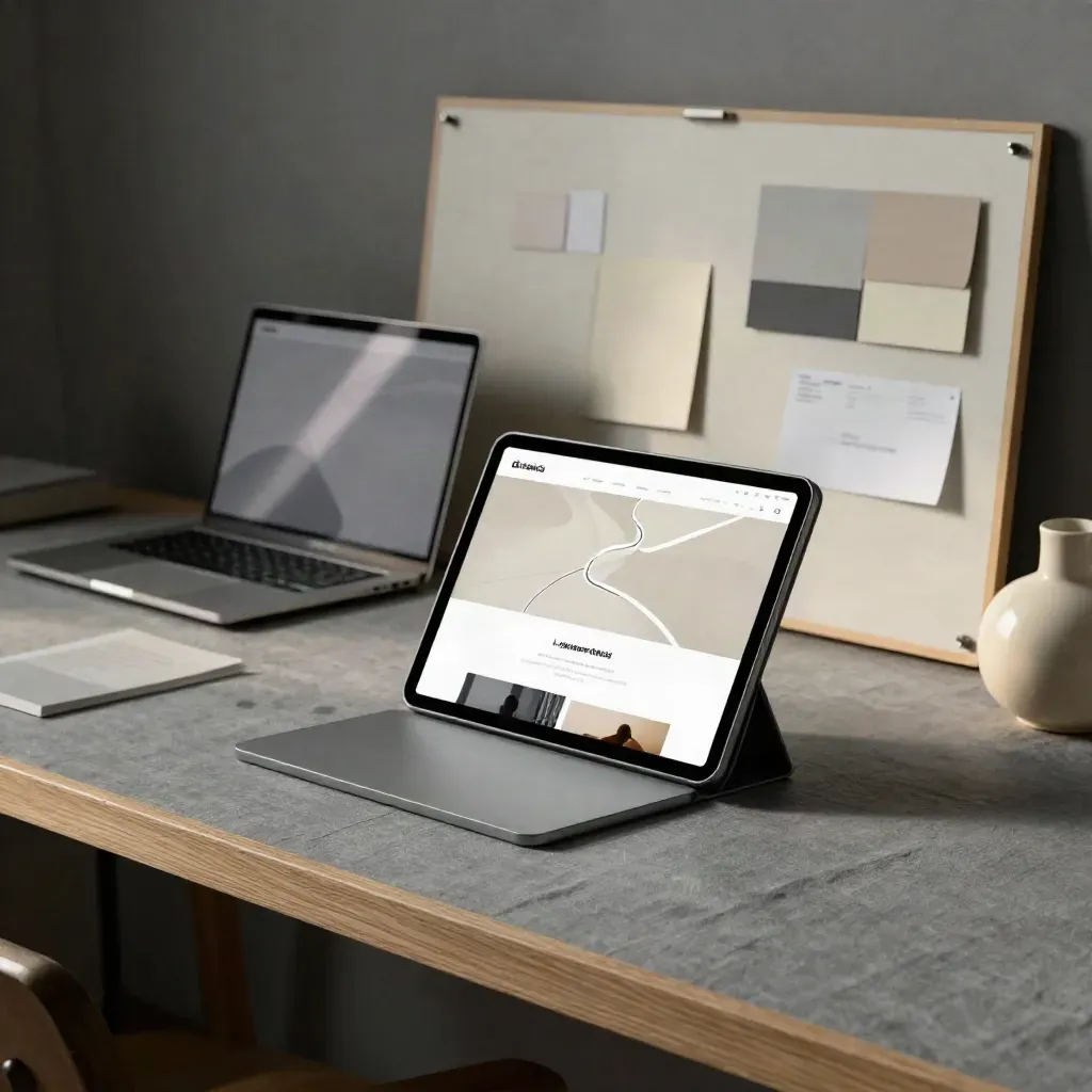 Tablet, laptop e lavagnetta in uno studio creativo, con luce morbida e atmosfera cinematica.