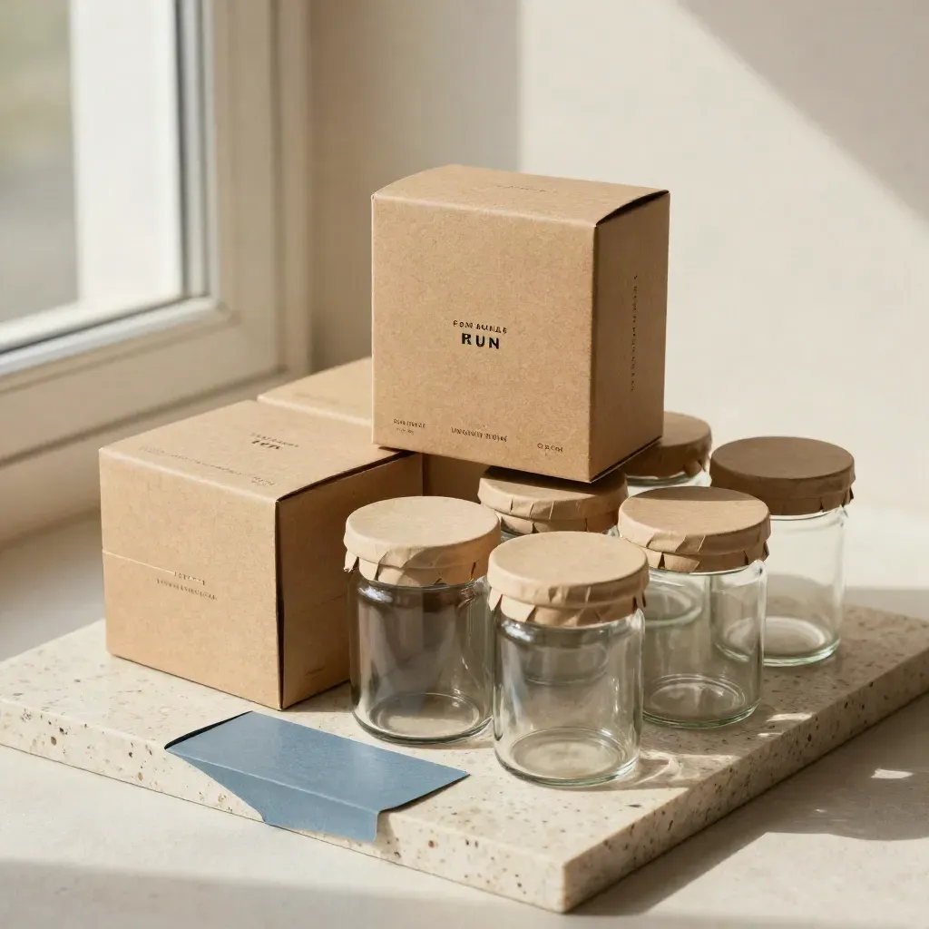 Mockup di packaging naturale su pietra chiara, con cartoni e vasetti in stile editoriale.