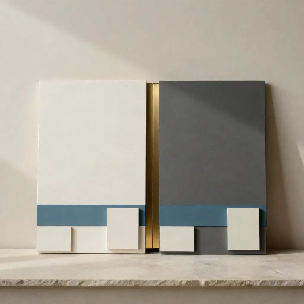 Due concept board minimal in bianco caldo e grafite con divisore in ottone su fondo in gesso.
