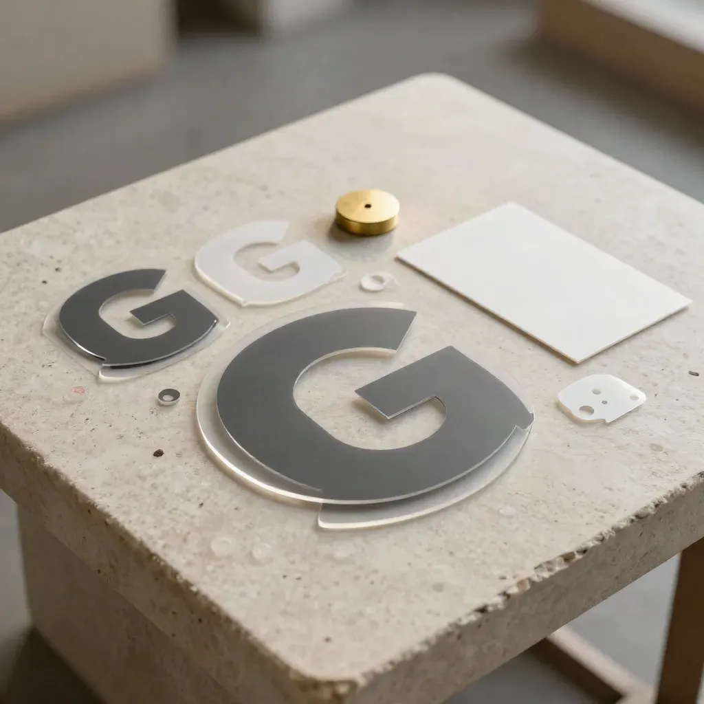 Frammenti di logo, acetati e ritagli su pietra chiara con luce morbida e dettagli fini.