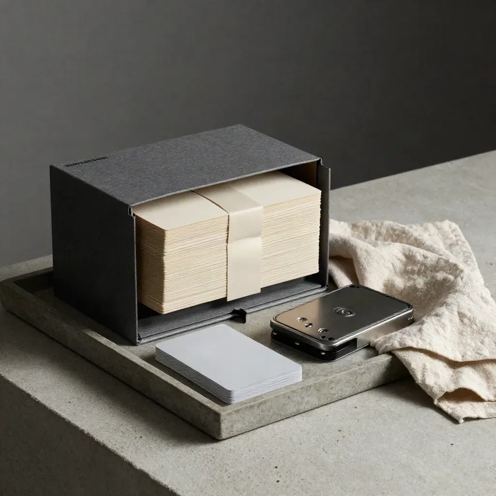 Box archivio aperto con sleeve e drive metallico su vassoio di pietra, luce morbida