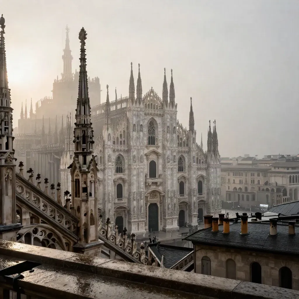 Il Duomo di Milano emerge sopra la città invernale avvolta dalla nebbia dopo la pioggia.