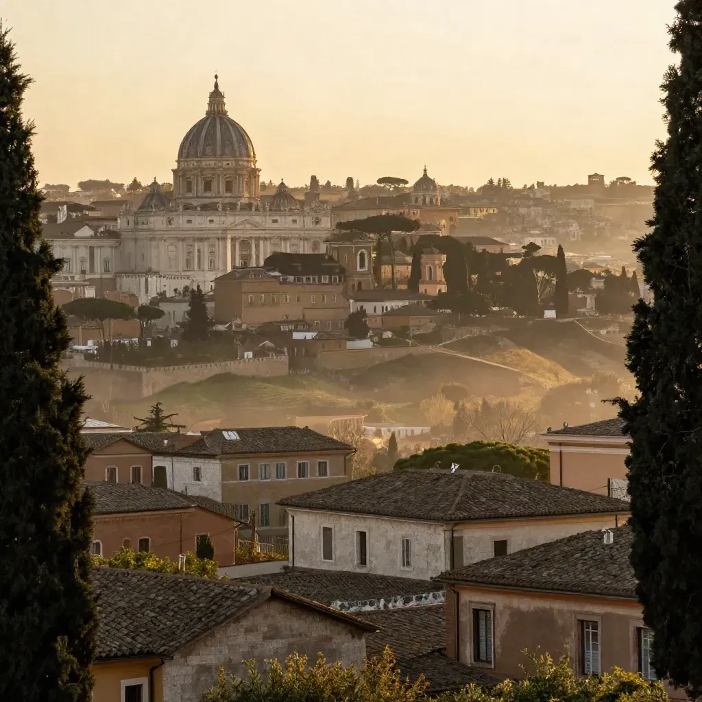 Veduta di Roma dal Gianicolo, cupole e colline terracotta nella luce dorata