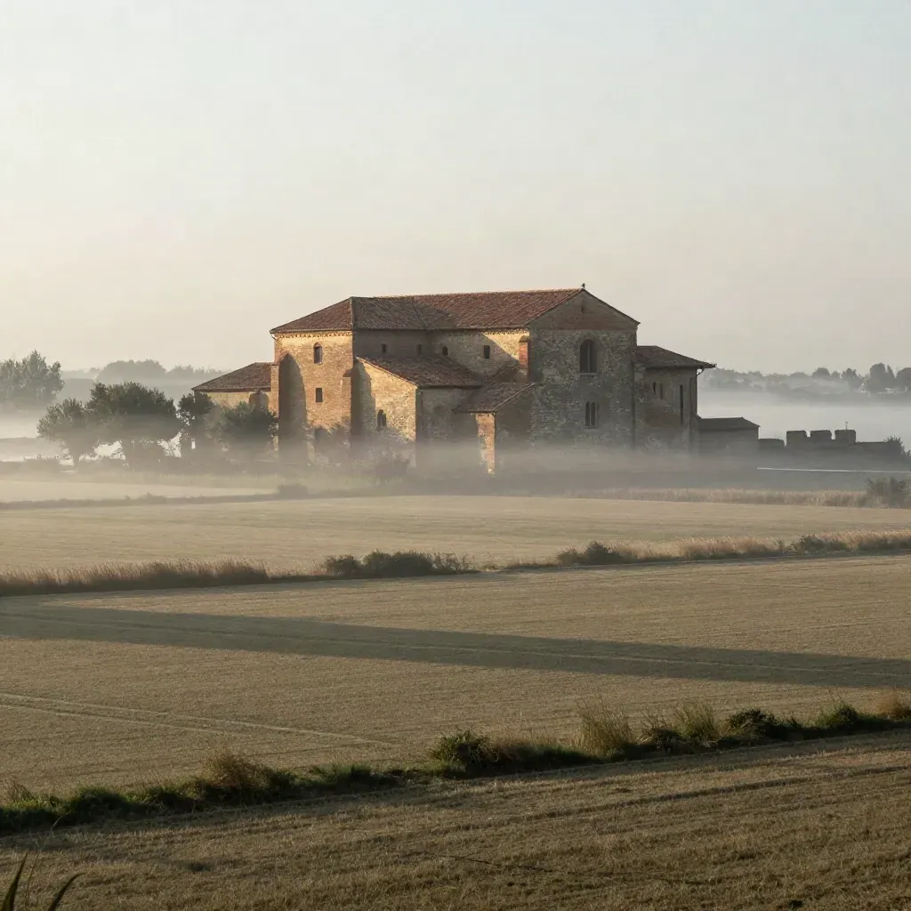 Abbazia in mattoni nella pianura padana avvolta dalla nebbia, campi morbidi e luce calda.