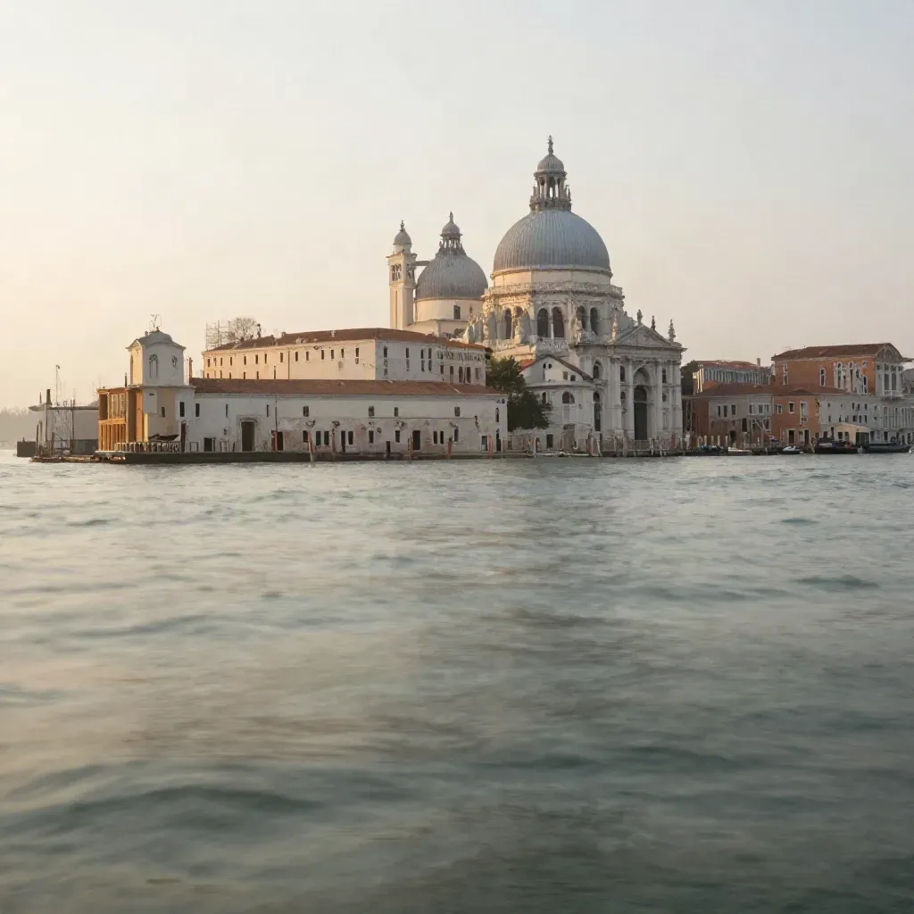 Laguna di Venezia all’alba con quays in pietra, nebbia e cupole lontane.