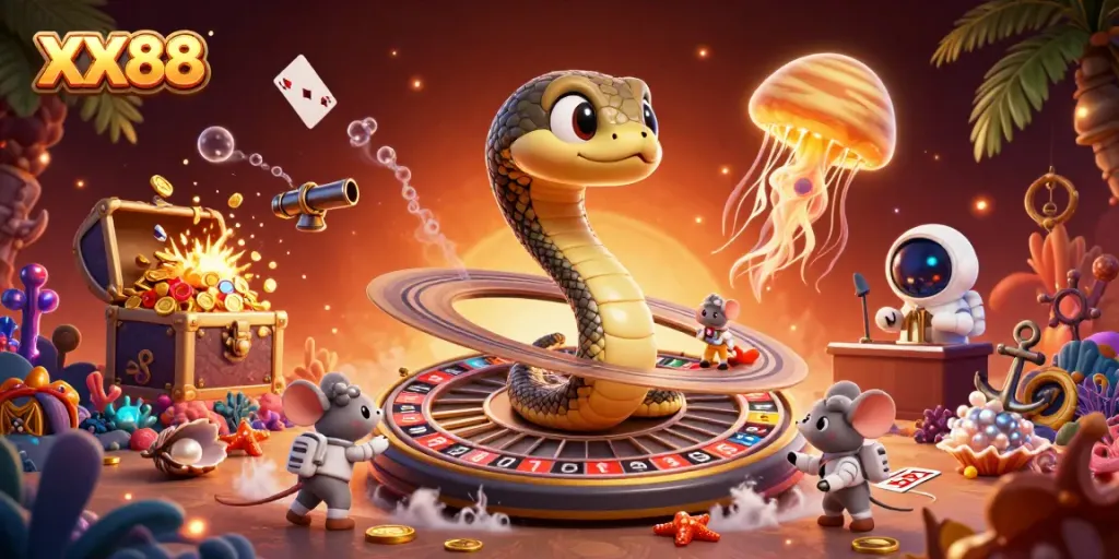 Experience thrilling gameplay with XX88's cosmic casino scene featuring vibrant characters and dynamic elements.