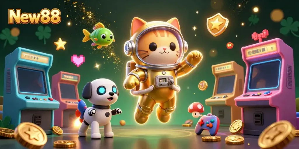 Engage in thrilling gameplay at New88 with a vibrant, dynamically illustrated casino experience featuring colorful characters and game elements.