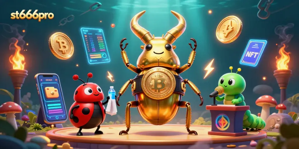 Experience thrilling gaming action with st666pro's dynamic 3D beetle boxing scene featuring crypto elements.