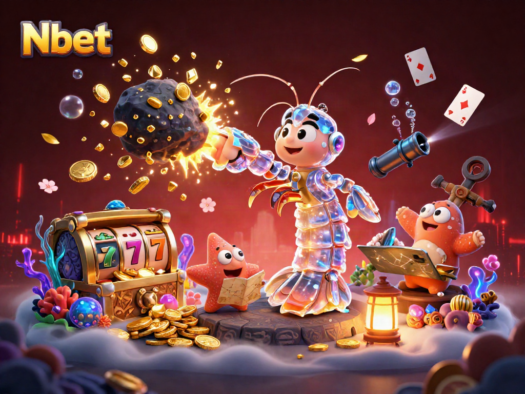 Nbet slots come alive with a vibrant galactic samurai mantis shrimp surrounded by gold coins and gems.