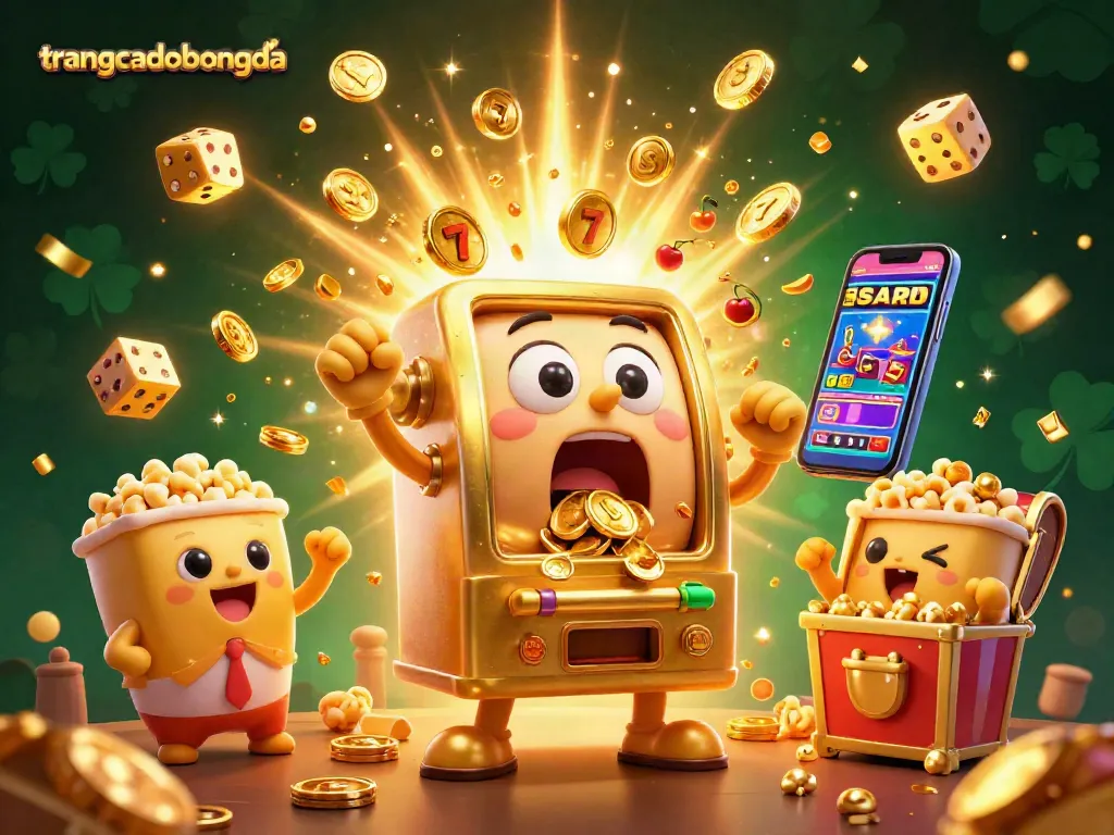 Engaging golden slot machine wins jackpot as coins flow from its mouth, showcasing trangcadobongda's energetic gaming atmosphere.