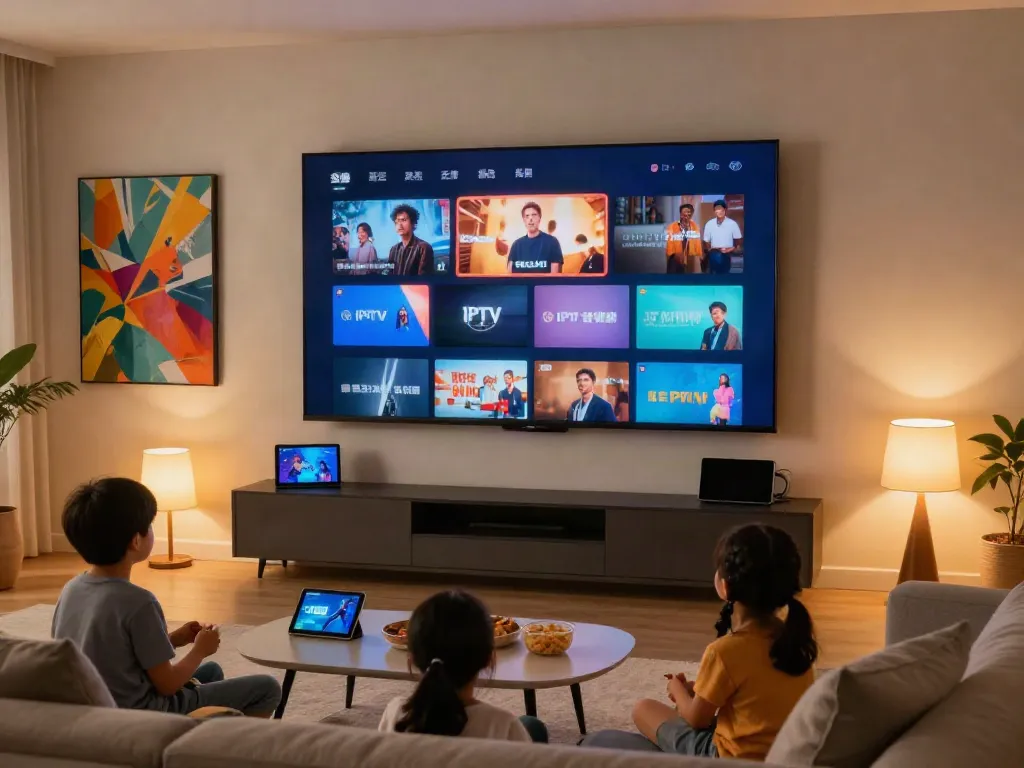 Miglior IPTV entertainment scene in a cozy living room with family watching TV.