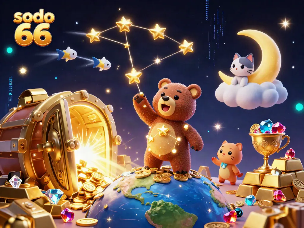 Experience exciting gaming action at sodo 66, featuring vibrant cosmic characters and treasure-filled scenes.