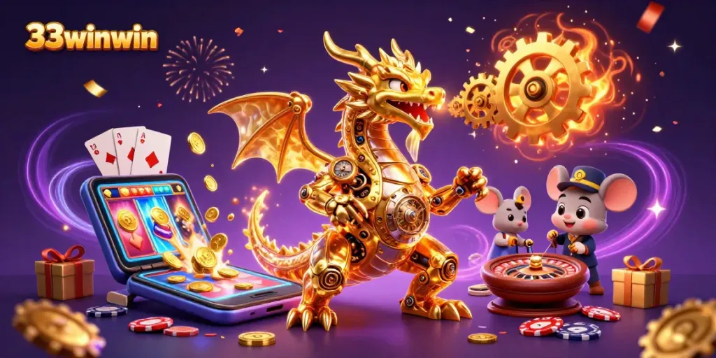 Spin and win with 33winwin in a vibrant casino scene featuring a golden dragon and classic gaming elements.