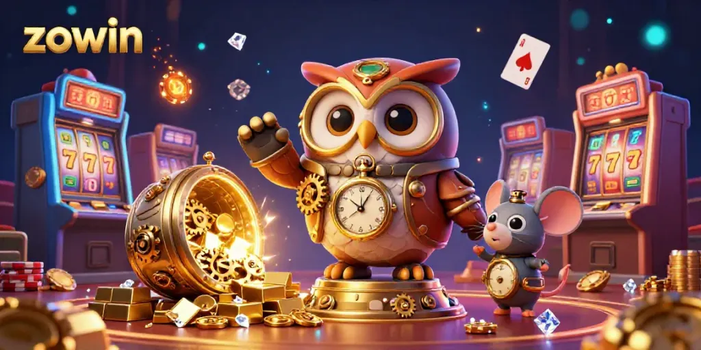 Experience the thrill of zowin's vibrant casino with a 3D steampunk owl and dazzling treasure.